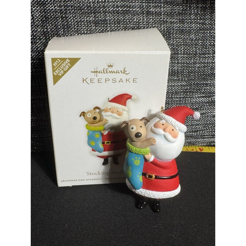 New 2012 VIP Hallmark Keepsake Santa and Dog Ornament Stocking Stuffing